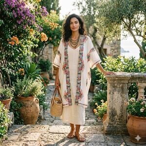 New Anthropologie RD Koko Embroidered Kimono Cardigan Coastal Boho Chic Festival